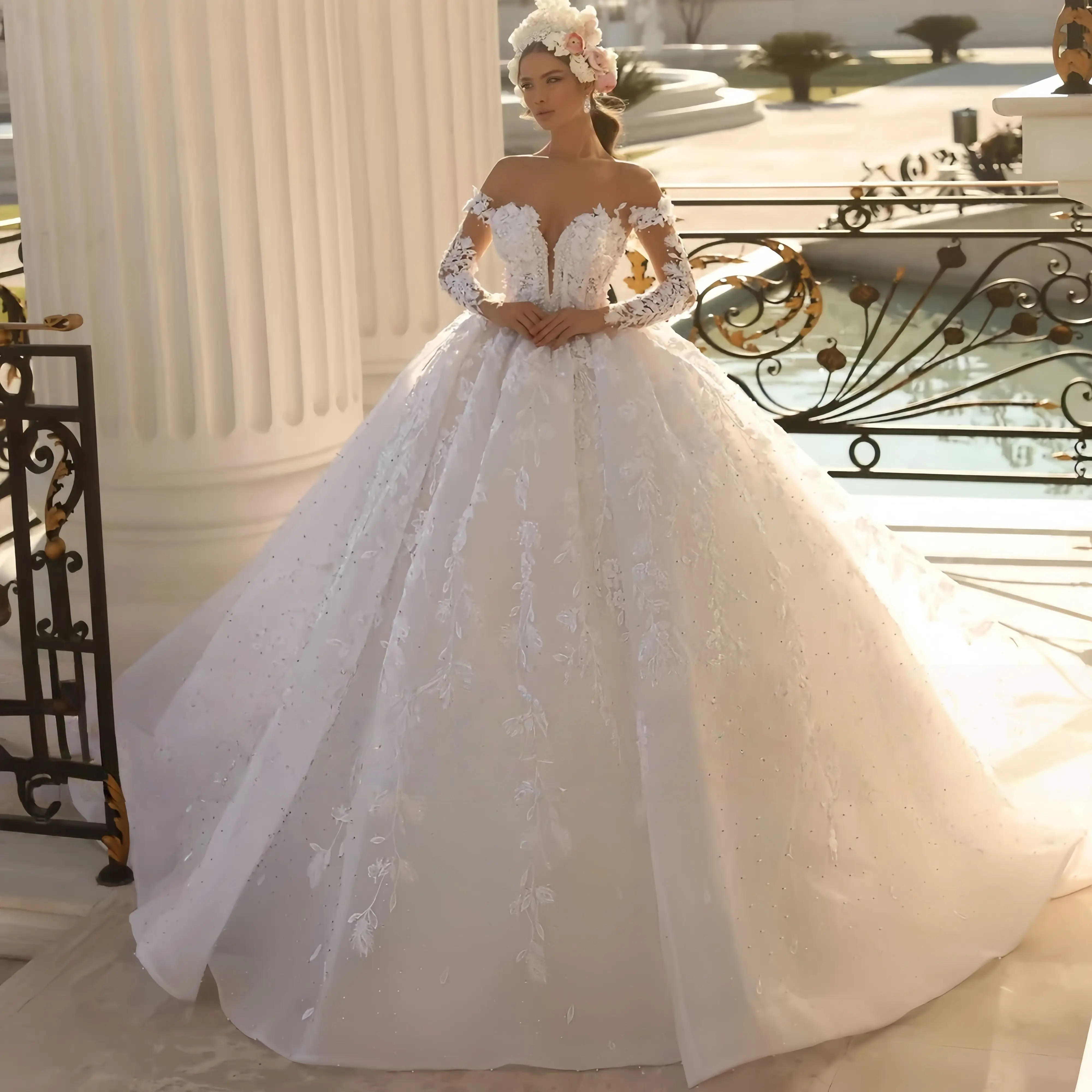 

Princess Wedding Dresses Vintage Bridal Gown Beading Shinny Tulle Long Sleeves Robe Elegant Luxury Pretty Dress Customized