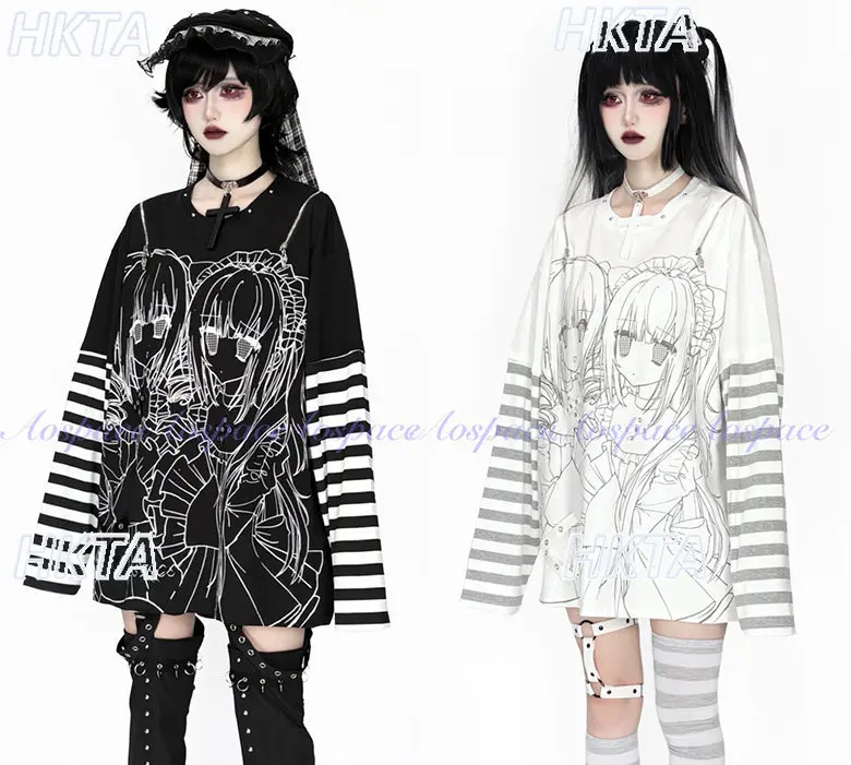 Subkultura Dwuwymiarowe Nadruki Bluzka z Odkrytymi Ramionami Udawana Dwuczęściowa Koszulka w Paski z Długim Rękawem Słodka i Modna Koszulka Y2k Damska