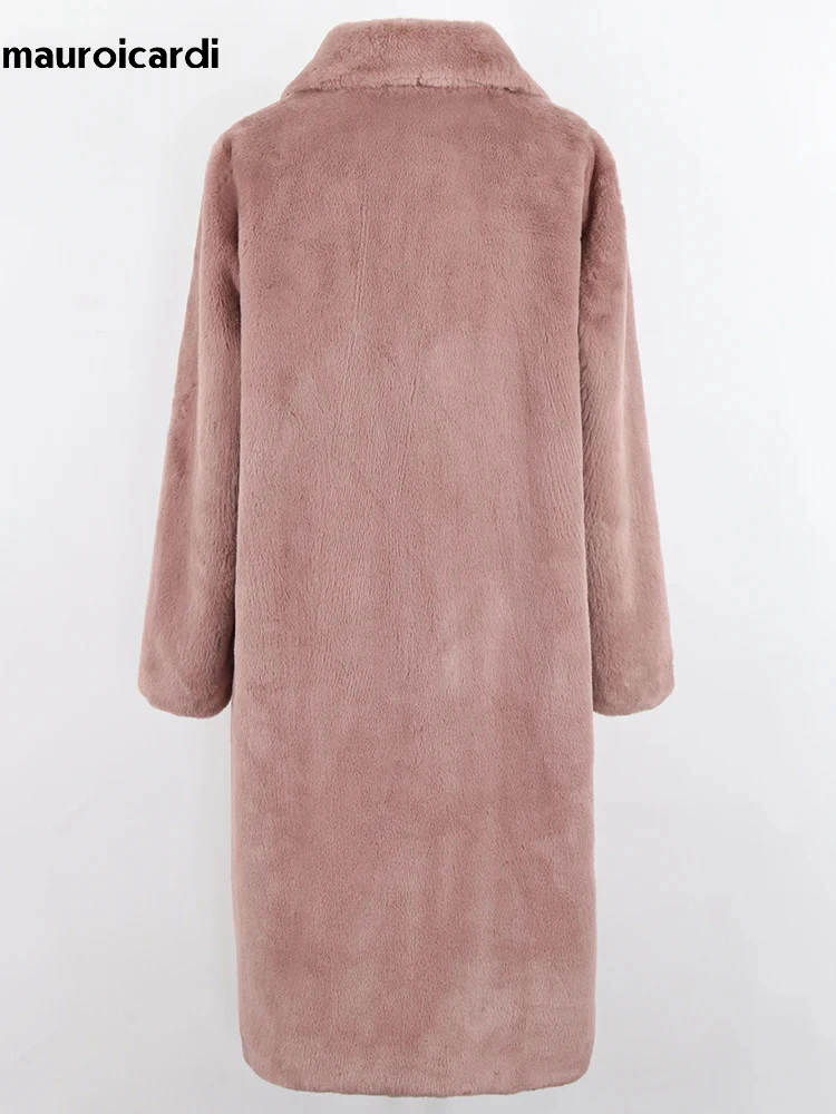 Mauroicardi Autumn Winter Long Thick Warm Soft Black Faux Fur Coat Women Lapel Loose Casual Korean Fashion Fluffy Jacket 2025