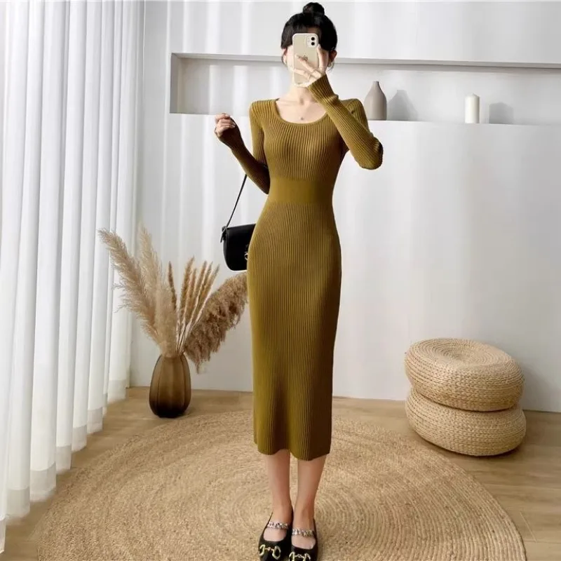 Knitted Dress Women Spring Autumn New Long-sleeved Tight-fitting Hip-hugging Outer Skirt