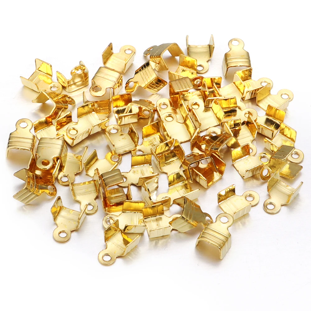 200pcs 6 7 8 10mm Trilinear Crimp Beads Cove Clasps Cord End Caps String Ribbon leather Clip Foldover For Necklace Connectors