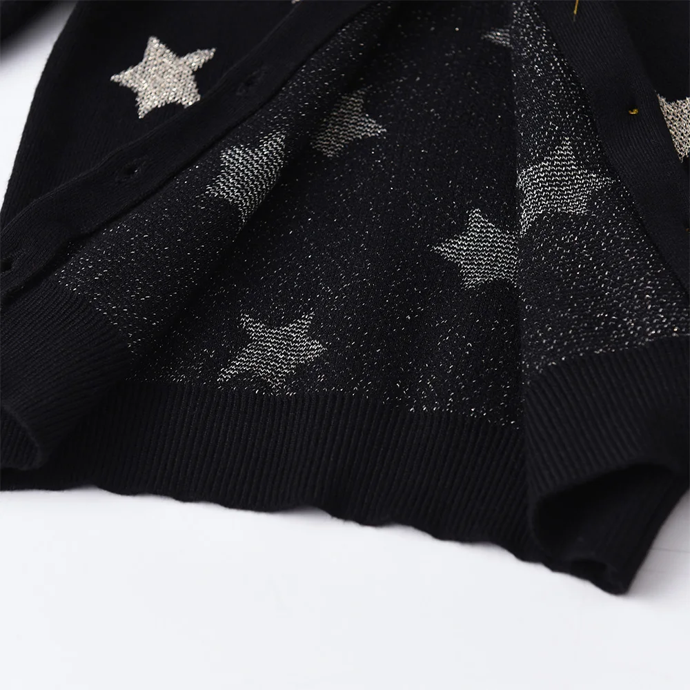 VIKITA Kleinkinder-Strickjacken mit silbernen Stern, Kinder, Rundhalsausschnitt, Knopfleiste, glitzernd, lässig, täglich, Schule, Straße, coole schwarze Pullover-Outfits – Detail 4