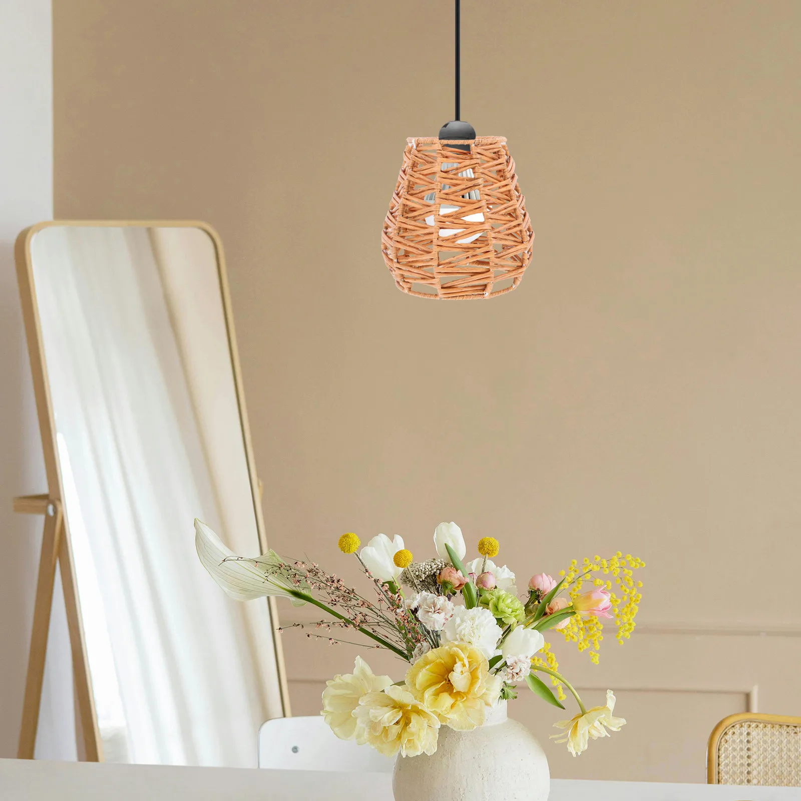 Woven Faux Rattan Pendant Lamp Shade Rustic Farmhouse Dining Room Kitchen Island Bedroom Ceiling Light Decor Vintage Japanese