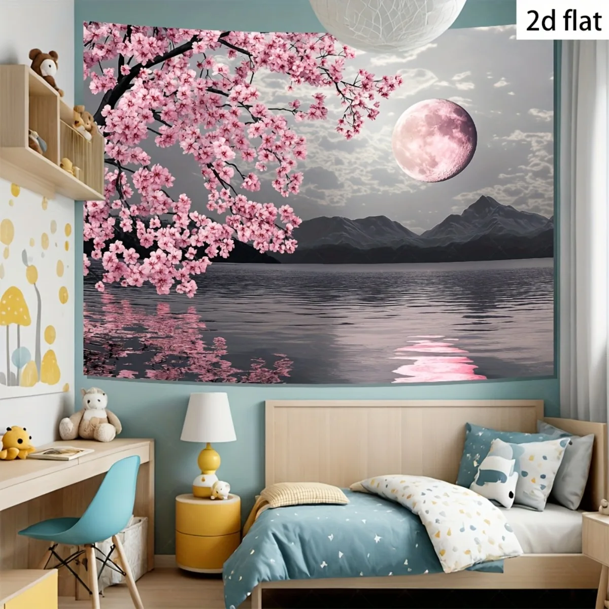 Elegant Cherry Blossom Sakura Wall Tapestry Mural Moon Night Landscape Home Decor Polyester Poster Art for Living Room Bedroom