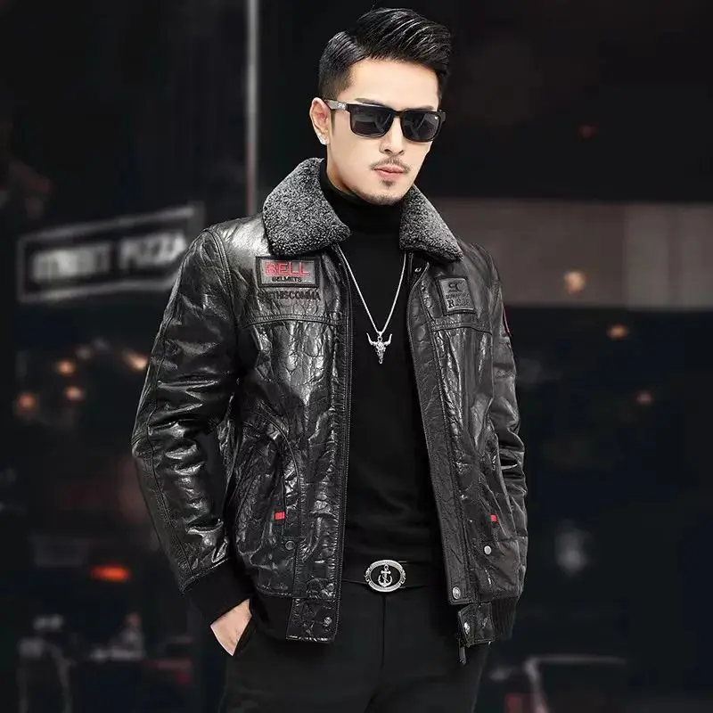 Real Leather Jacket Men Sheepskin Autumn Winter Oil Wax Leather Lapel Letter Embroidery Short Motorcycle Jacket Man Coat 2025