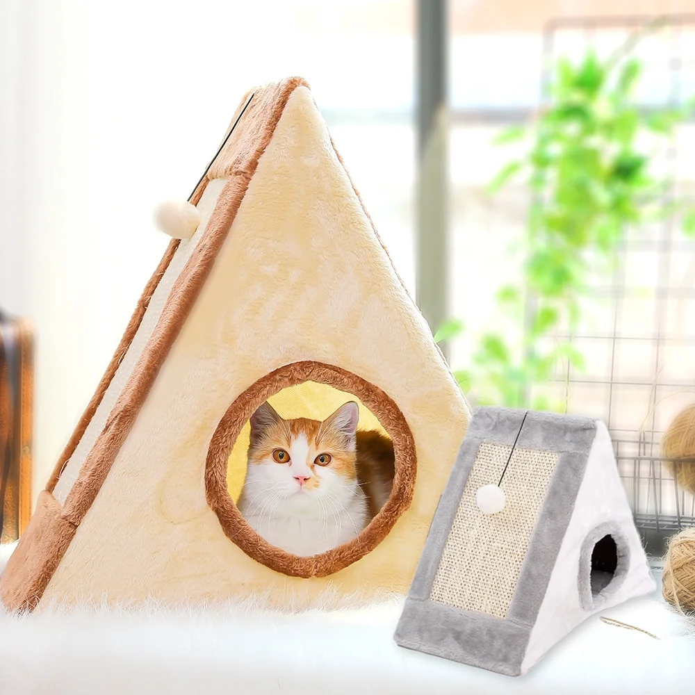 3 in 1 Cat Scratching Post Triangle Cat Cave Tent Playhouse with Scratching Board Foldable Cat Scratching Toy Pet Tent Cave Bed