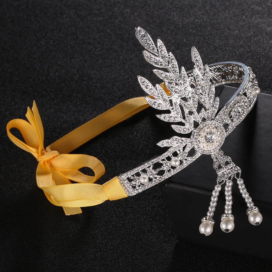 1920'S Flapper Girl Crystal Headband with Pearls Tassel, Great Gatsby Hand Tied Party Banquet Wedding Hair Bandfor Women Girls