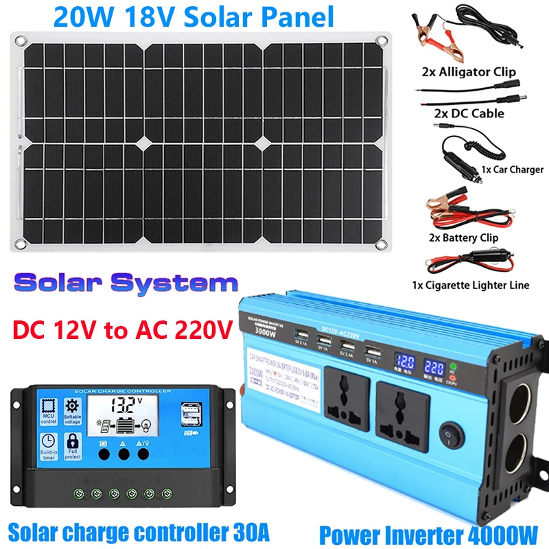 

DC 12V to AC 220V Solar Power System 20W Solar Panel+30A Charge Controller+5000W Inverter Power Generation Kit for Car Camping