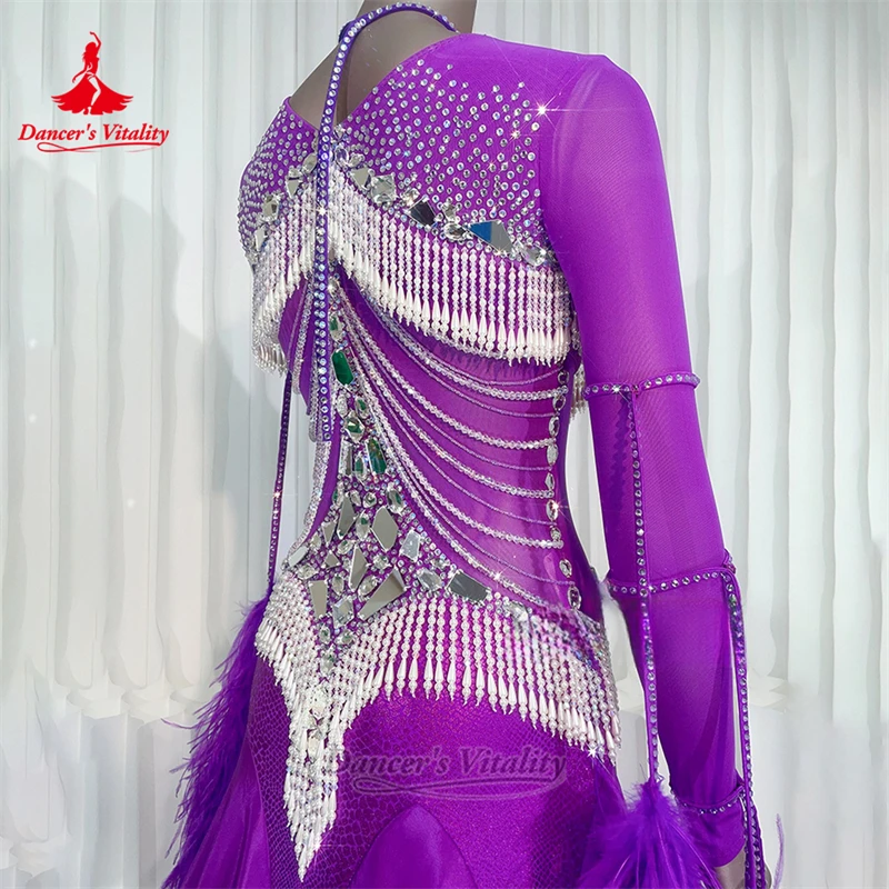 Femmes danse de salon plume d'autruche manches longues robes personnalisé adulte valse Foxtrot gracieux concours vêtements danseur vitalité