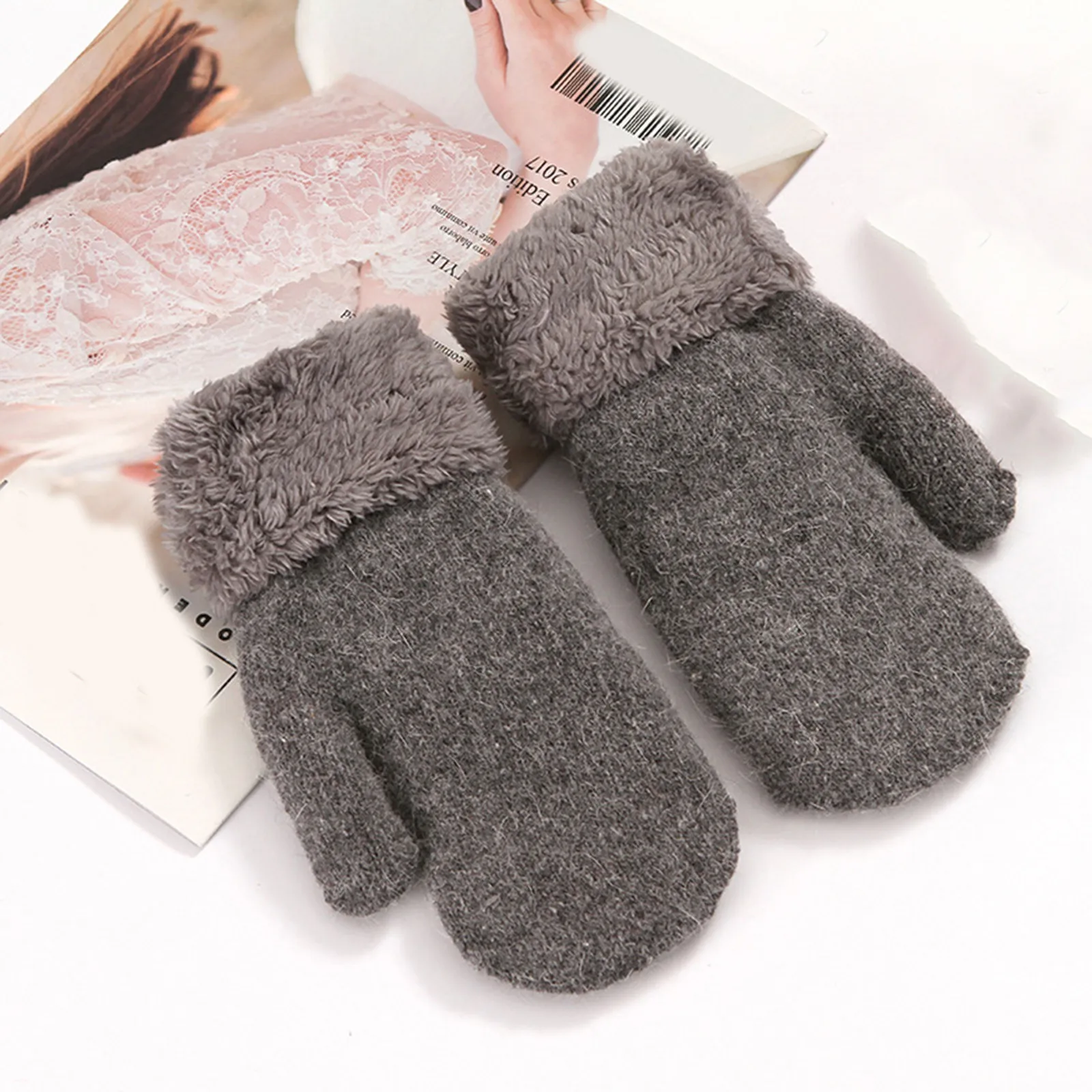 Double-layer Rabbit Hair Gloves Female Plush Korean Solid Color All Fingers Winter Women Girls Soft Thicken Warm Mittens