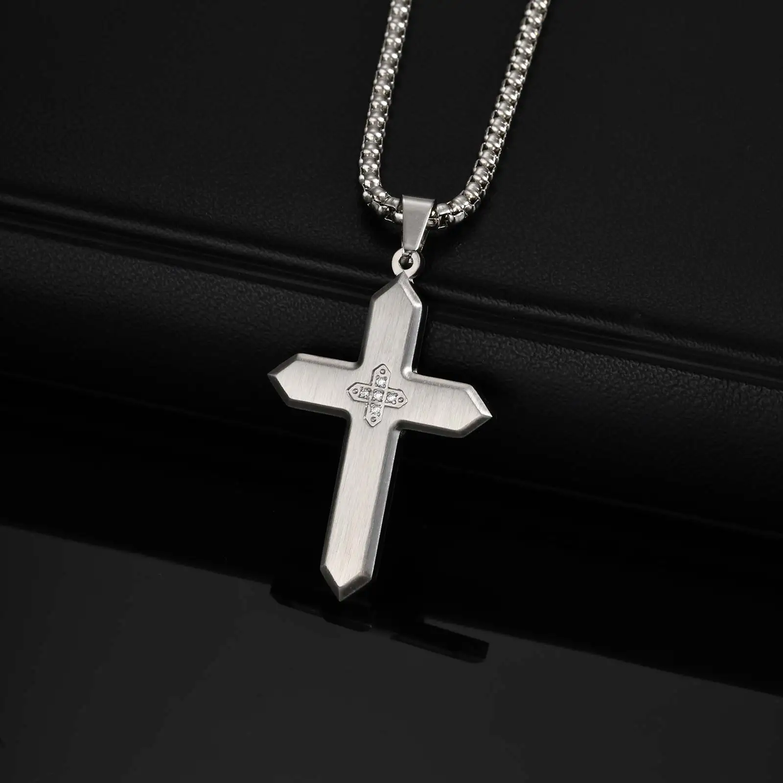 Stylish Stainless Steel Matte Cross Pendant Necklace With Zircon, Waterproof Christian Religious Faith Prayer Jewelry for Men