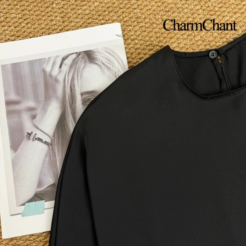 CharmChant Satin Black Asymmetrical Lace Long-Sleeve Shirt for Women Y2k Harajuku Fashion Elegant Sleeveless Shirt Blouse Female