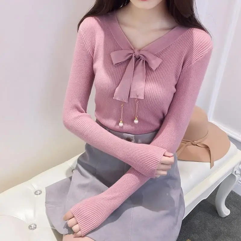 Korean Version New Bow Tie Tie Nail Bead V-neck Long Sleeved Base Knitted Sweater for Women Slim Fit and Slimming Pullover