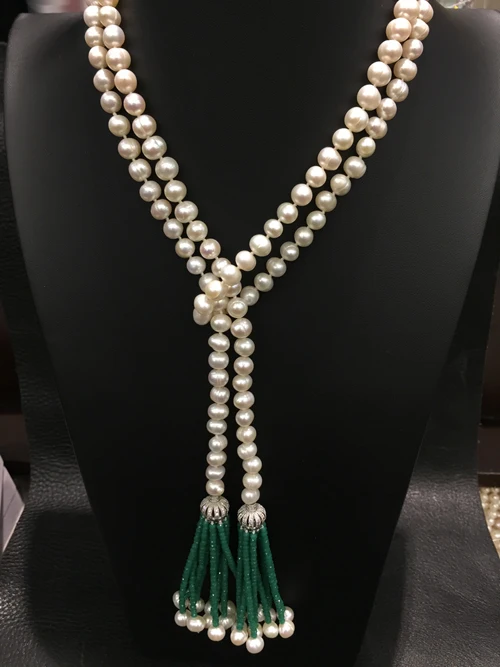 

Hand knotted 110cm long 7-8mm natural white freshwater pearl sweater chain necklace fashion jewelry