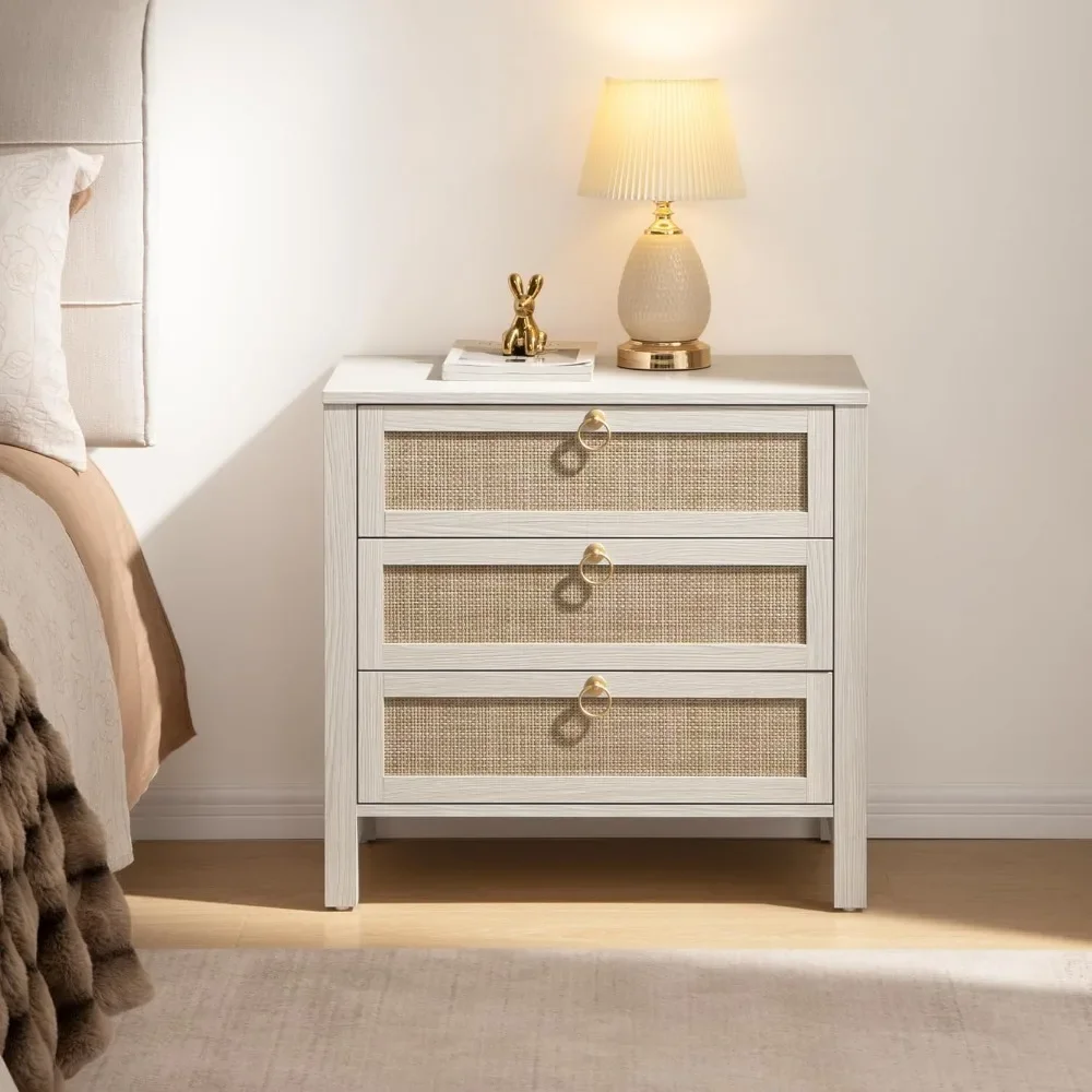 

Night Stand with Drawers - Large Rattan Bedside Table with Golden Handle, 3 Drawers Nightstand Side Table Boho Nightstand