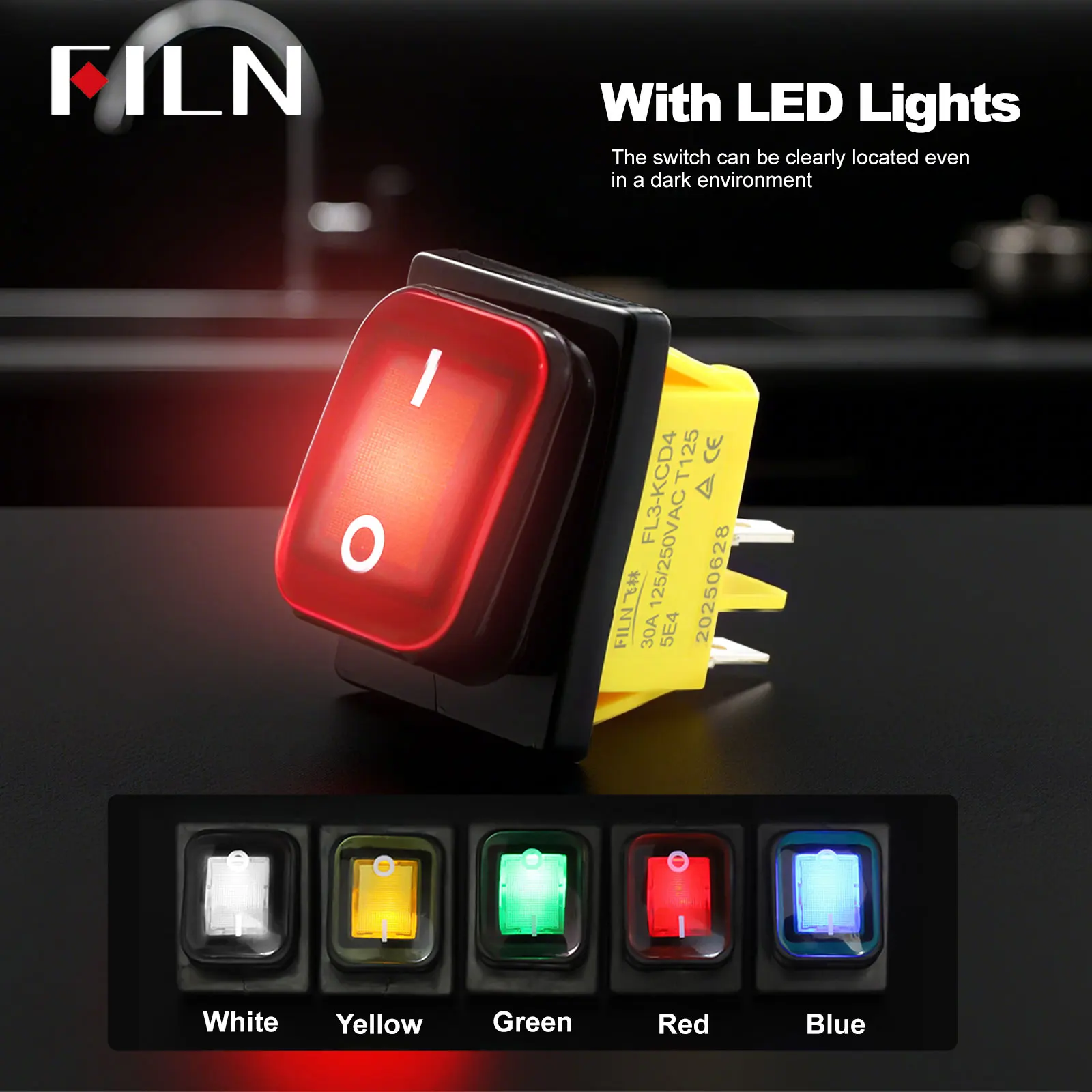 kcd4 heavy duty four foot waterproof on off sliver contact point copper pin green red led lamp 220v 30A rocker switch