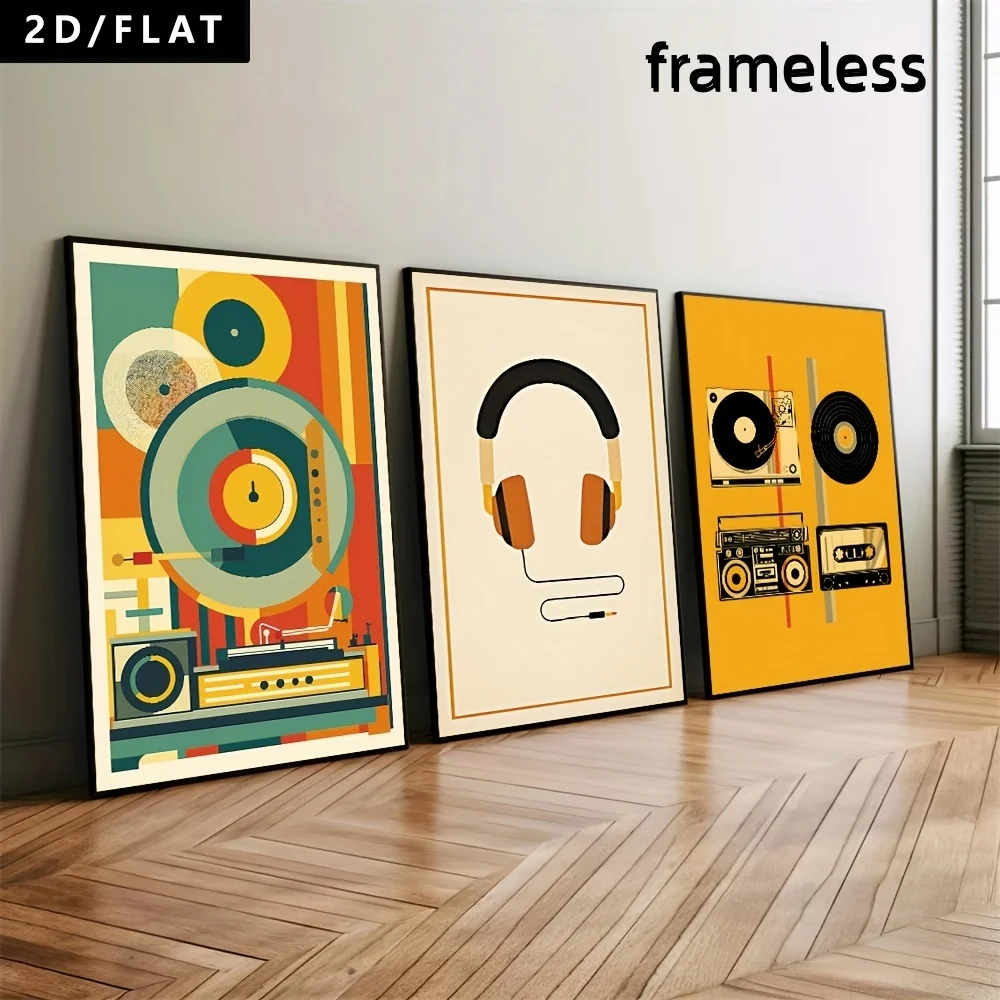 3 Radios, Headphones, Vinyl Records, Cassette Tapes, Vintage Music Elements Canvas Posters, Suitable for Music Classrooms, Hotel