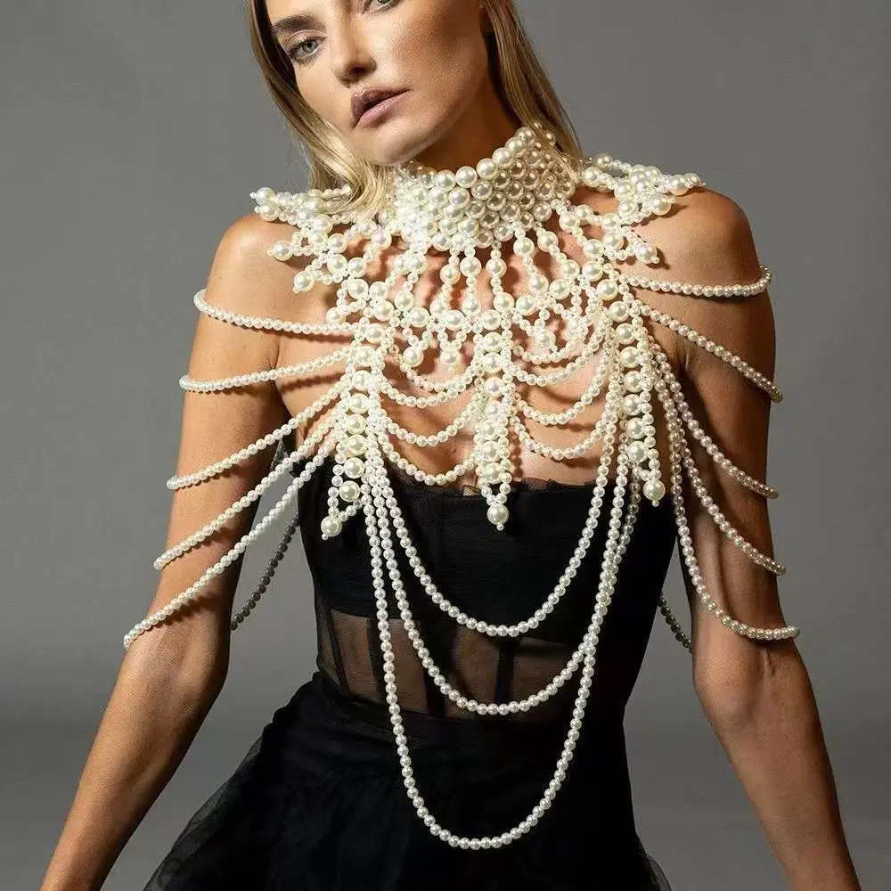 ファッション模造パール多層パールネックレス誇張されたロングセクシーボディパールチェーン花嫁パールショールイブニングパーティー