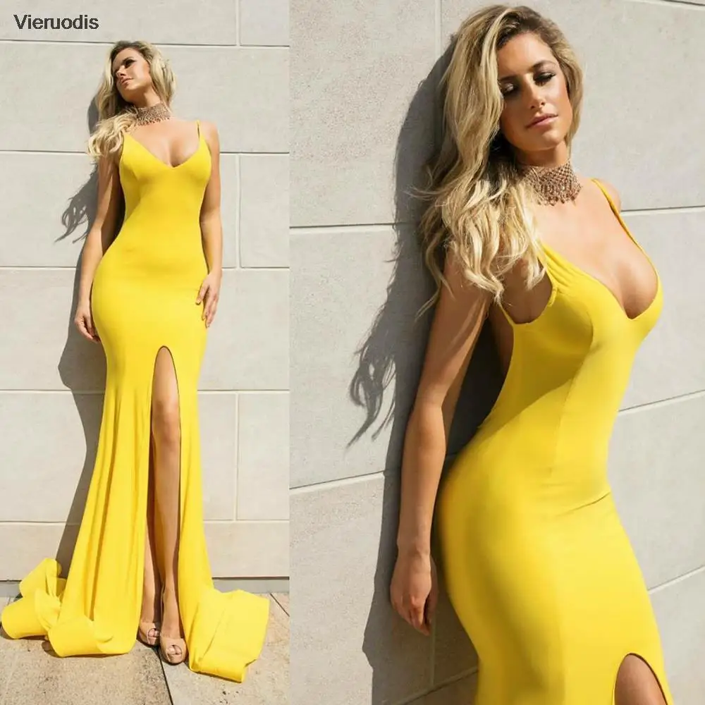 

Sexy Yellow High Split Satin Prom Dress Spaghetti Straps V Neck Backless Evening Dress Vestido De Noche