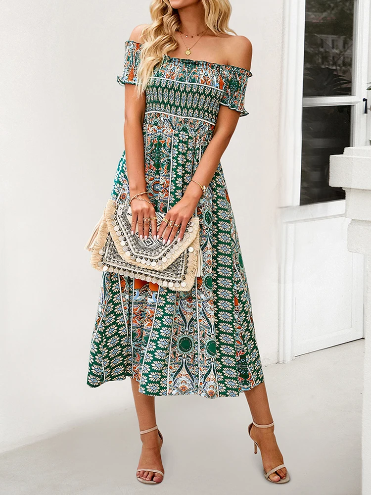 Boho Lange Jurk Vrouwen Zomer Print Korte Mouw Vakantiejurken Dames Sexy Off Shoulder Strandjurk Dames Bandage Vestidos