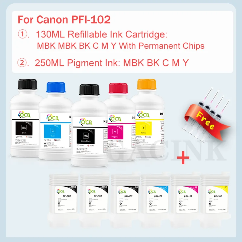 Refill Ink Kit For PFI-102 PFI102 For Canon iPF500 iPF600 iPF700 iPF510 iPF605 iPF610 iPF710 iPF720 Refillable Ink Cartridge