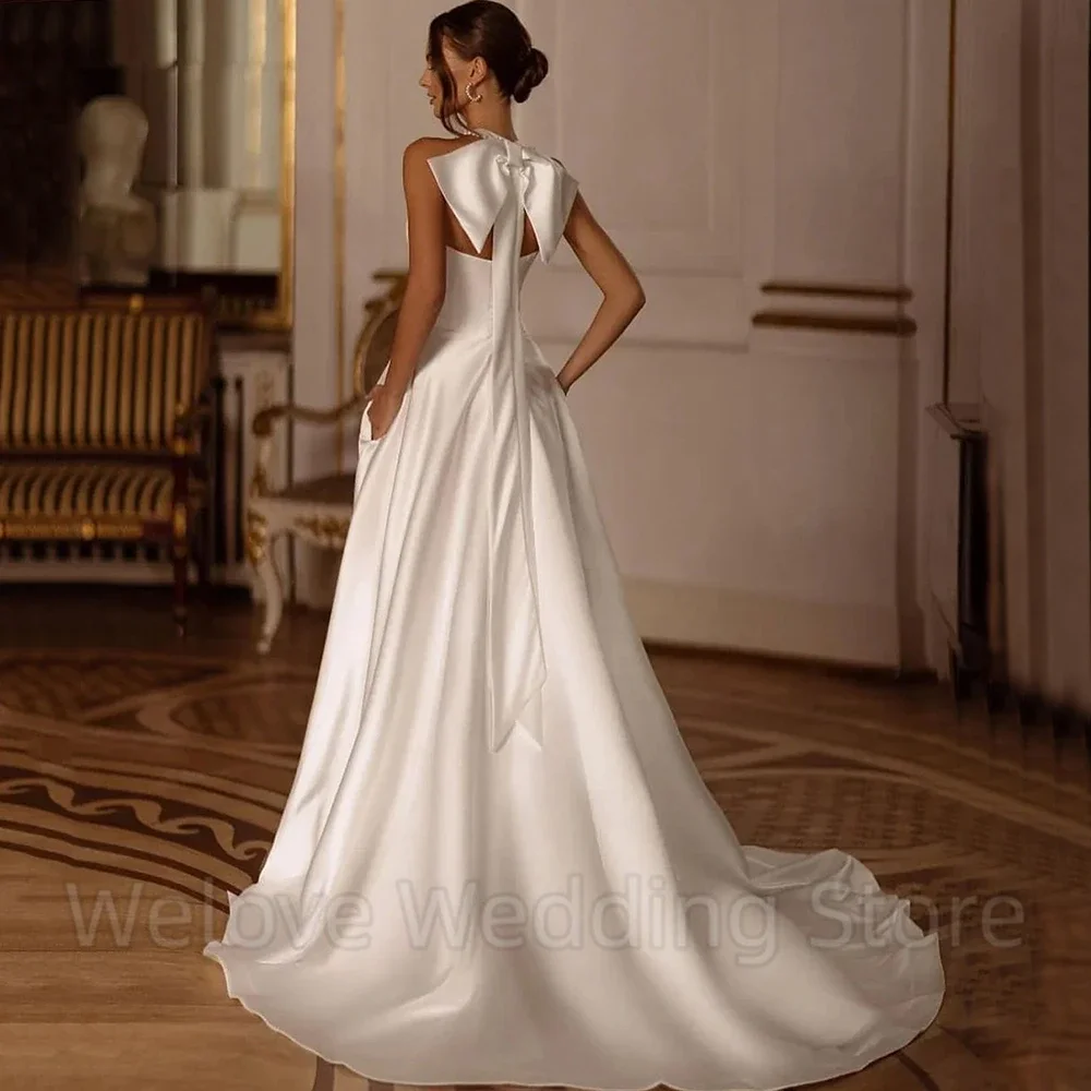 Vintage Halter with Bow Wedding Dress Sleeveless Sexy Side High Slit A-Line Floor Length Sweep Train Pearls Pocket Bride Gowns