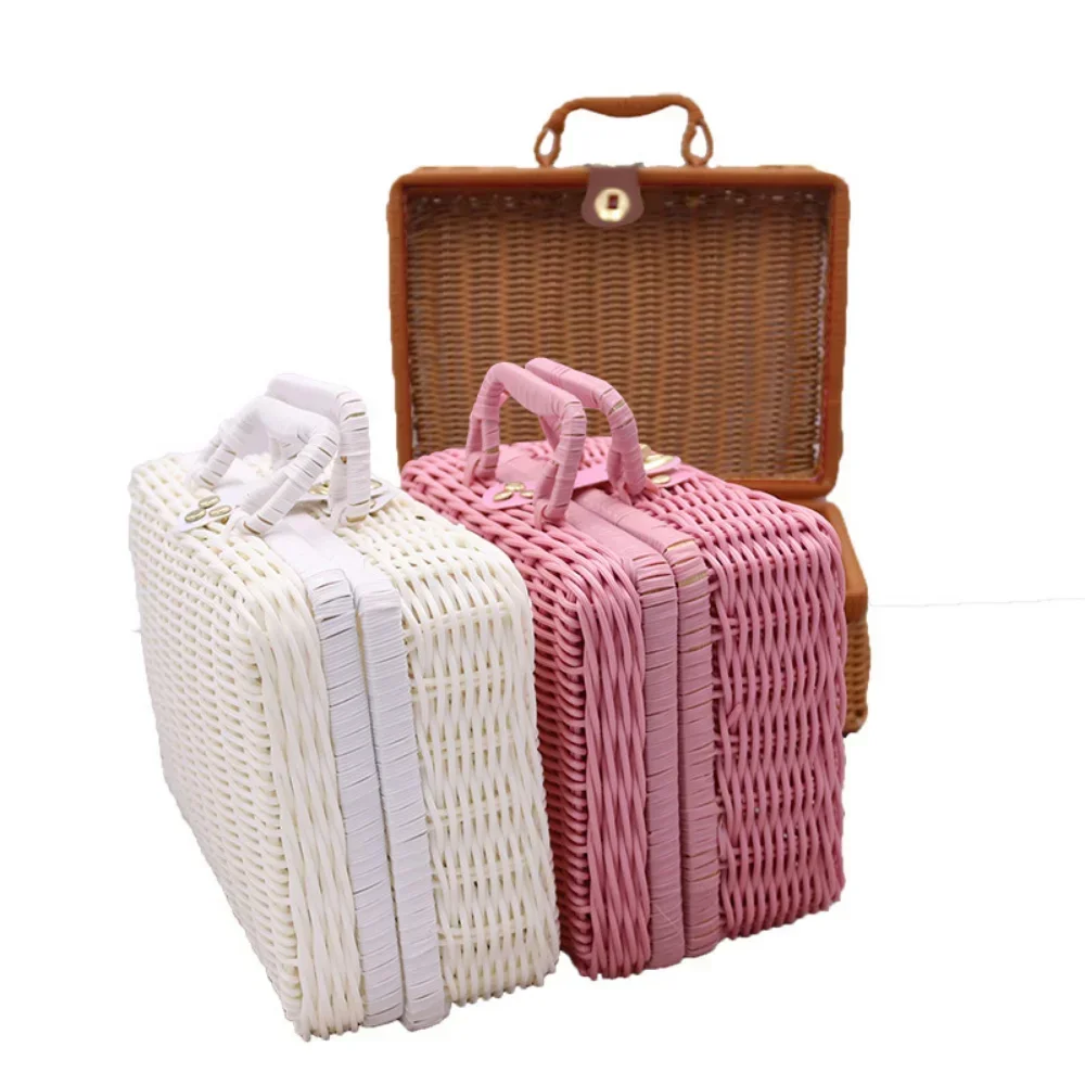 صندوق منظم الروطان المنسوج مع مقبض حاويات المجوهرات الرجعية مكتب منزلي ماكياج المنتجات المنزلية اكسسوارات الإمدادات #6