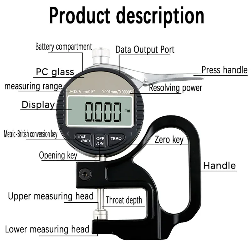 0.01/0.001mm Digital Thickness Gauge – Electronic Micrometer Thickness Tester with 12.7mm Range & RS232 Data Output 4