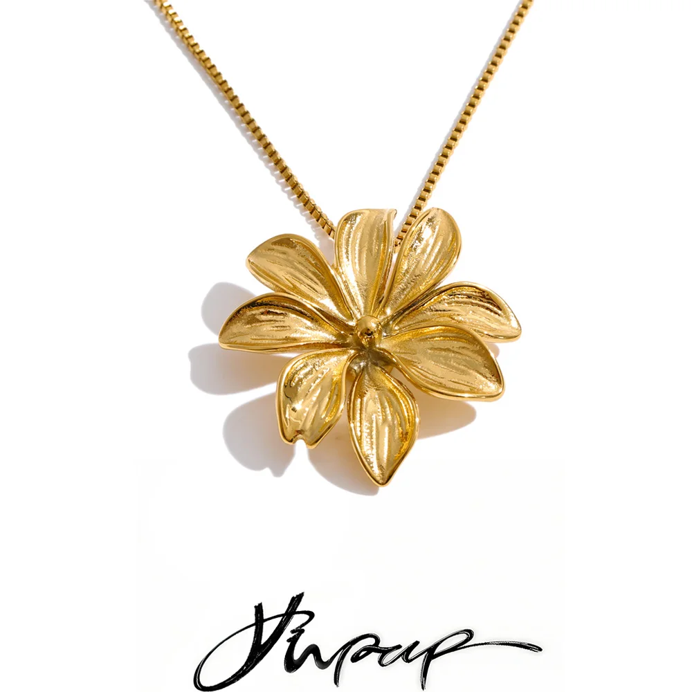 Yhpup Edelstahl-Halskette mit Blumenanhänger, Metallguss, 16K Goldfarbe, PVD-beschichtet, wasserdicht, modischer Halsschmuck