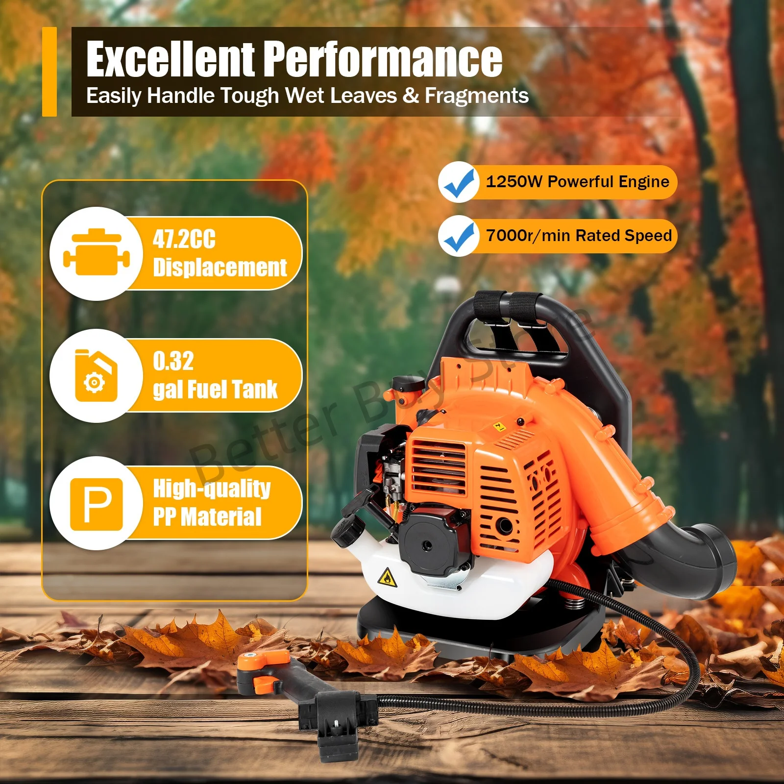 

42.7CC Gasoline Backpack Leaf Blower, 2-Stroke Air-Cooled Engine for Road Cleaning, Leaf Sweeping, Snow Removal&Car Dusting