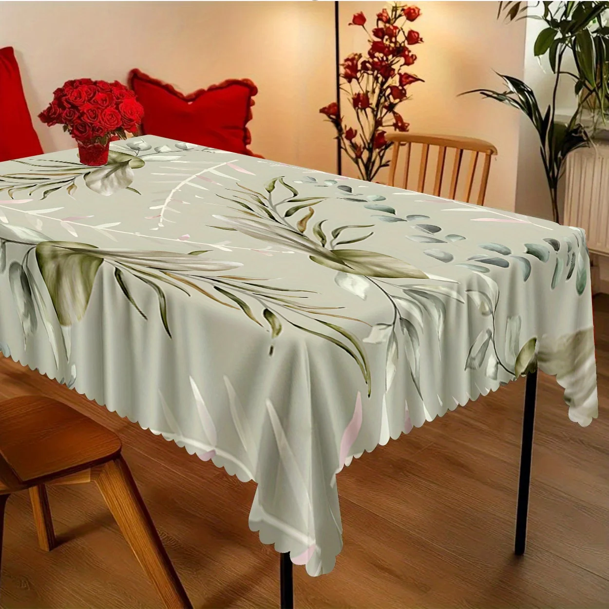 1pc Fresh and Cute Green Leaf Decorated Printed Tablecloth, Durable Polyester Fabric, Home Kitchen Tablecloth