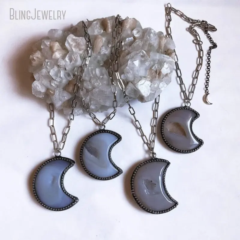 10pc Gray Druzy Agate Crescent Moon Pendant Statement Necklace Wicca Witch Accesory Gothic Talisman Boho Accessory Jewelry