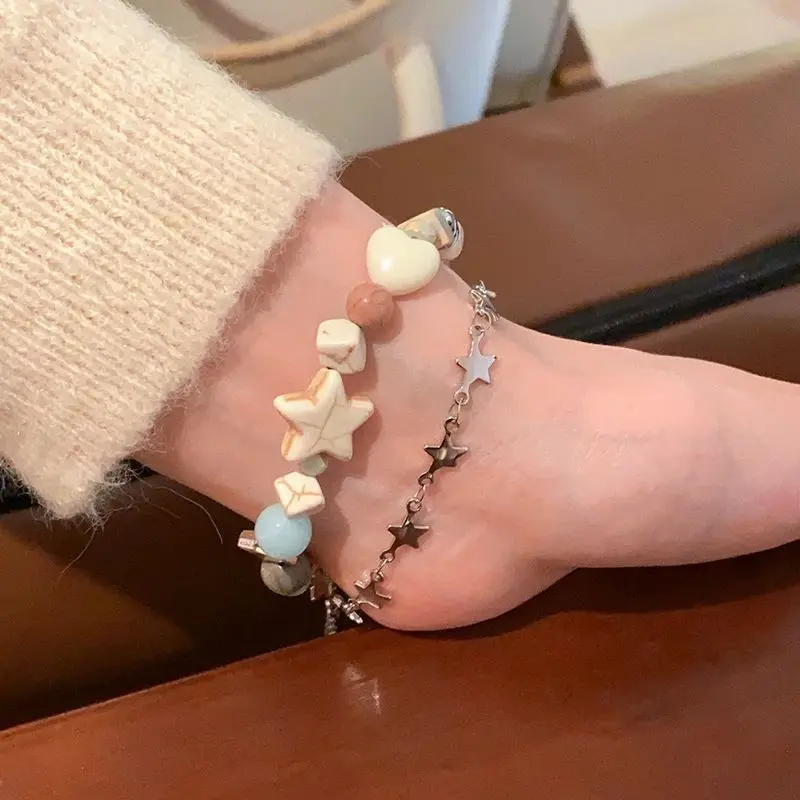 

Charm Handmade Cream Color Matching Double Layer Star Bracelets Design Girls Natural Stone Beaded Bracelet Party Jewelry Gift