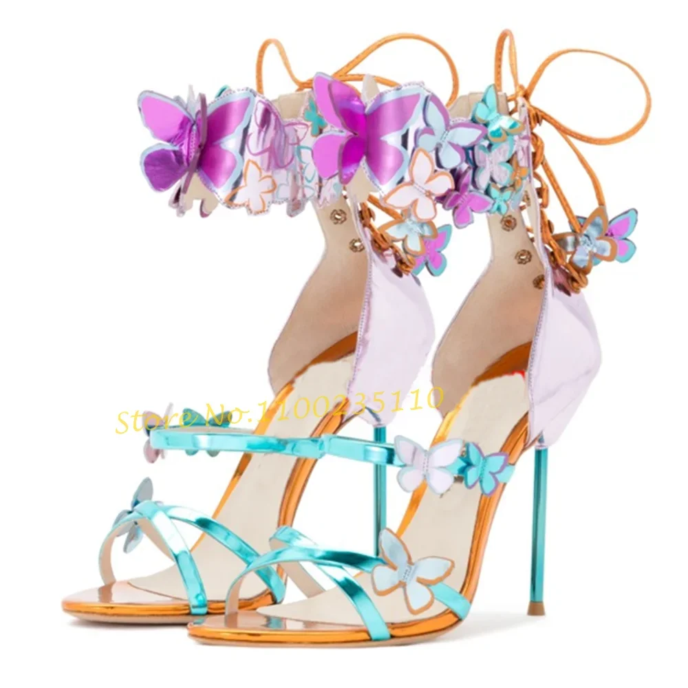 

Сандалии женские на высоком тонком каблуке, босоножки с разноцветными бабочками, пикантные туфли с открытым носком, на шнуровке, розовые, лето