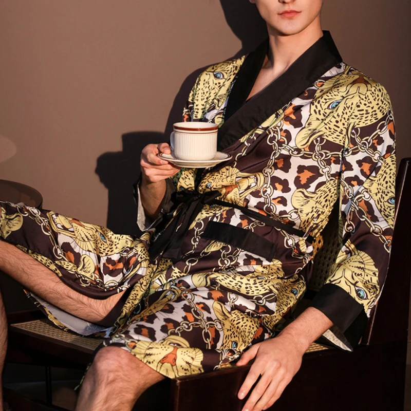 Men's Robe Homewear Sexy Leopard Head Print Kimono Bathrobe Gown Yukata Spring Summer New Sleepwear Negligee Loose Loungewear