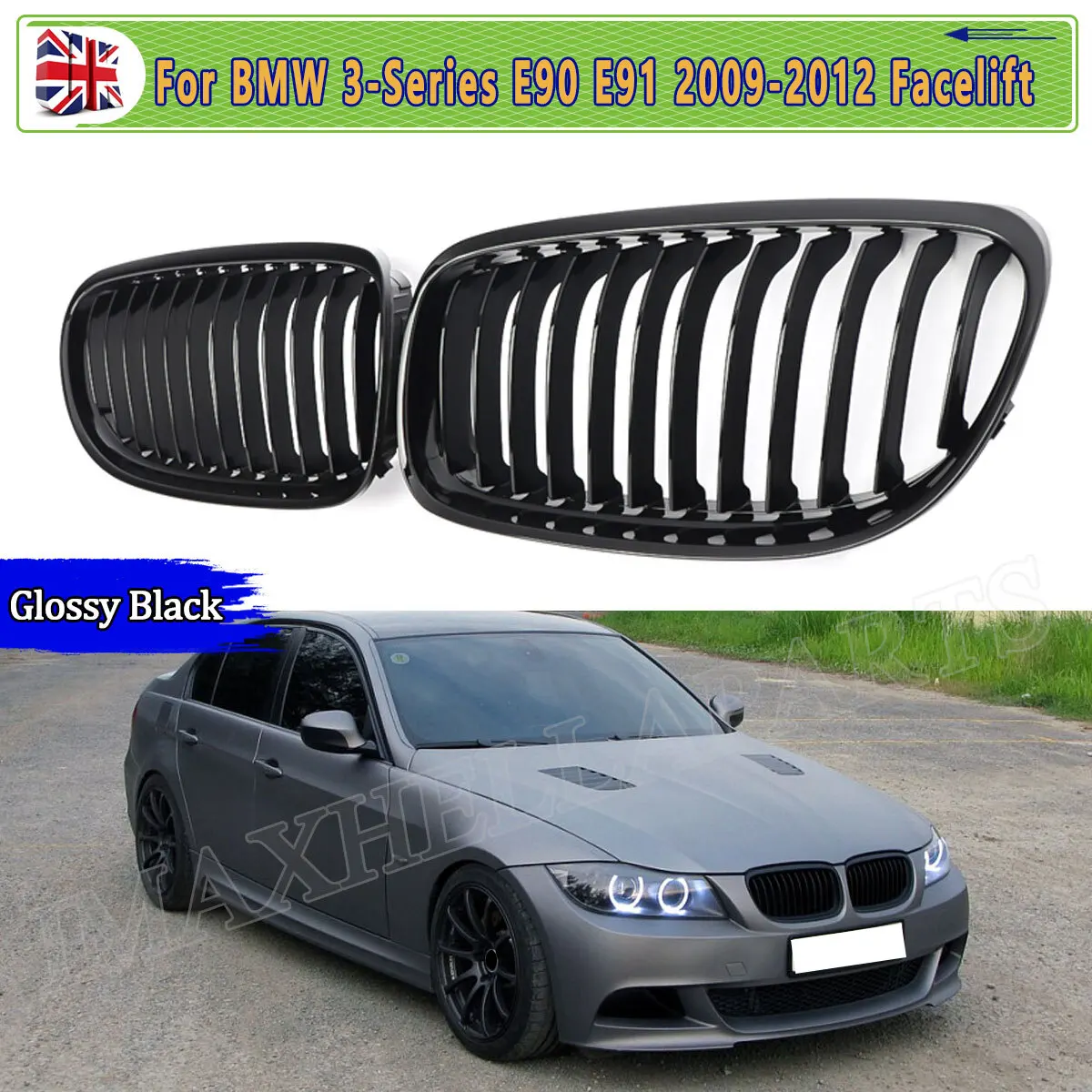 

A Pair Car Middle Grille For BMW 3 Series E90 E91 Saloon 318i 320i 330d 2009 2010 2011 Front Kidney Grille Grill Gloss Black