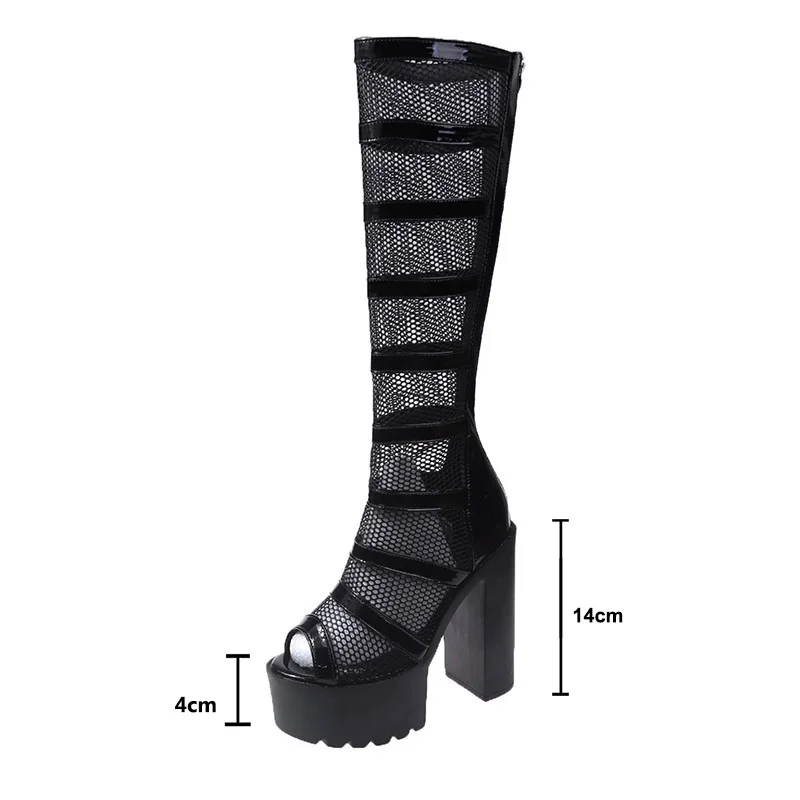 Black White Super High Heels Hollow Mesh Sandals Boots Women Summer Versatiule Peep Toe Thick Heel Platform High Tube Boots view 6