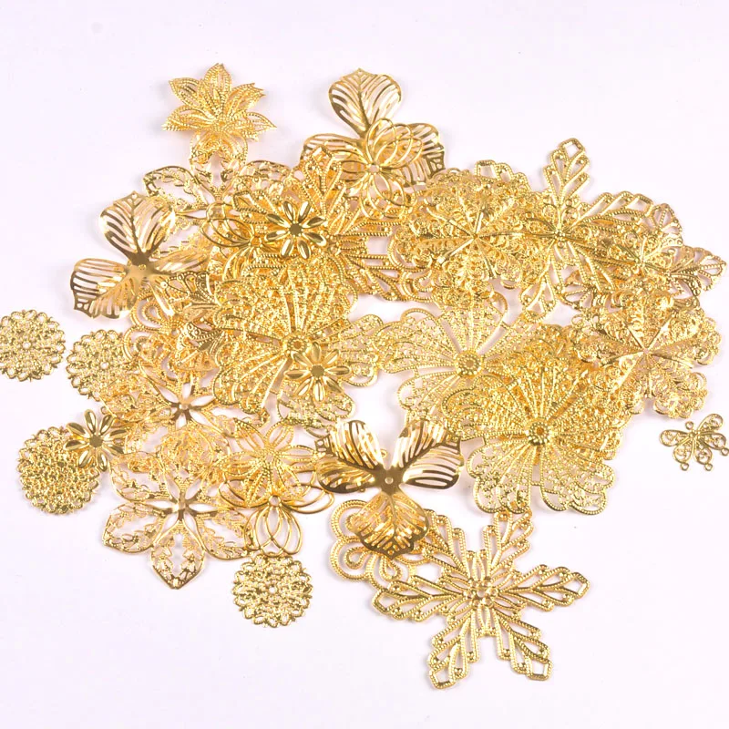 10-50pcs golden Filigree Wraps flower Connectors Metal Crafts Headwear accessories for Jewelry Making 20-70mm YKL0910