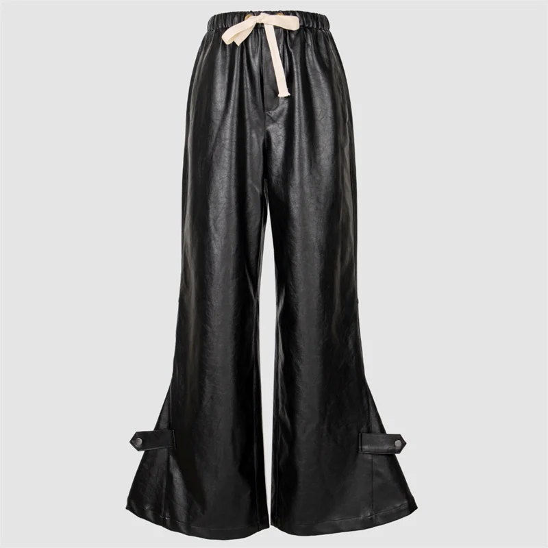 Women's pants 2024 Winter New High waisted slim fit wide leg pants Artificial leather bell bottom pants y2k straight leg pants