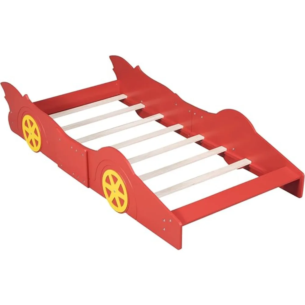 Bases de Cama em Forma de Carro para Crianças, Cama Plataforma com Rodas, Madeira Maciça, Sturdy Wood Slat