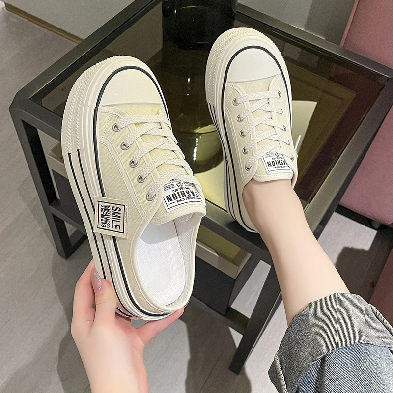 Canvas Platform Wedge Ladies Thick Slippers Lace Up Chunky Sneaker Casual Comfy High Brand Breathable Summer Heightening Shoes