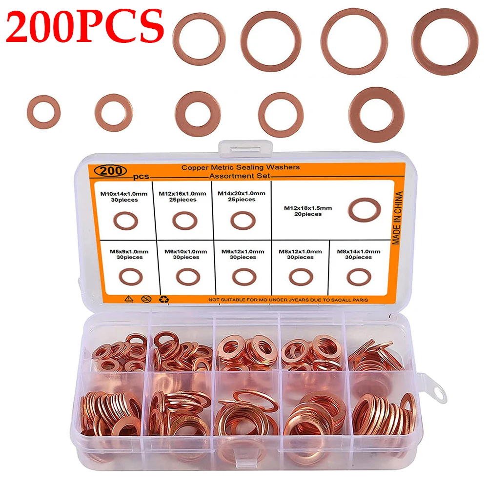 200Pcs Solid Pure Copper Washers M5 M6 M8 M10 M12 M14 Copper Washer Gasket Nut and Bolt Set Metric Sealing Washer Assortment Set