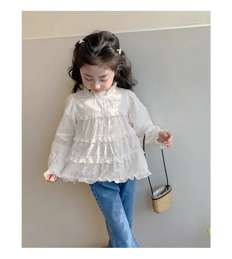 

Топ для девочек, новая коллекция весны и осени, корейская кружевная однотонная кукольная рубашка с длинными рукавами, модная повседневная элегантная универсальная рубашка