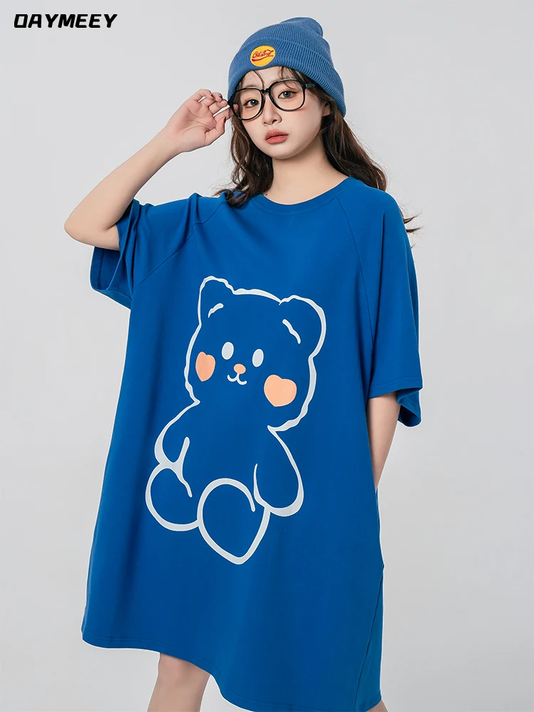 Pajama Dress Summer Women's 2024 New Spring Pure Cotton Short Sleeved Pajamas Blue Teddy Bear Cute Loose Fitting Home Clothes