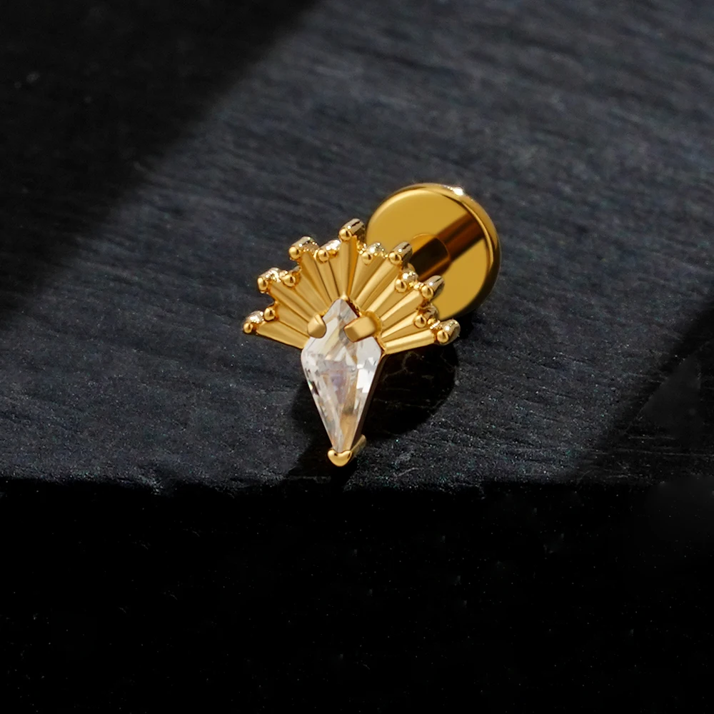 Right Grand ASTM F136 Titanium Kite CZ Cartilage Piercing Rhombus Garnet and Black CZ Helix Stud Conch Tragus Earring Flat Back Labret Stud Piercing Jewelry