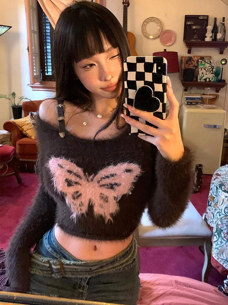 

Свитер-буферба в корейском стиле, женские вязаные пуловеры с длинными рукавами Y2k, винтажный свитер, осенне-зимние уличные топы