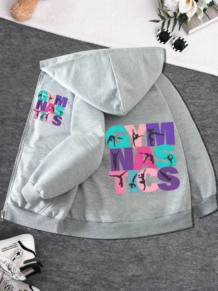Girls Zip Up Hoodie Colorful Gymnastics Letter Print Long Sleeve Casual Oversized Hooded Jacket For Teen Girls Daily Workout Top