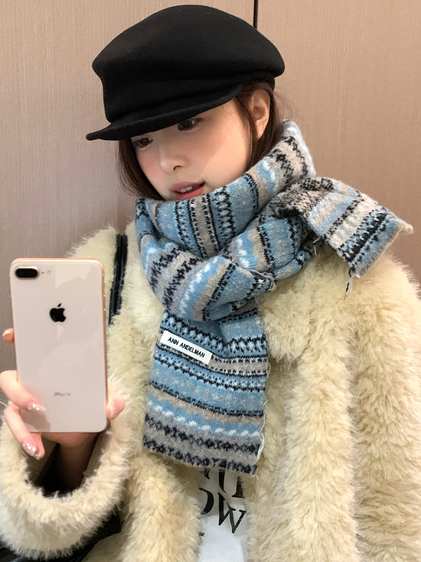 

Felted Woolen Vintage Fair Lsle Striped Blue Scarf For Women Thickened Neck Warmer For Winter High-End Style