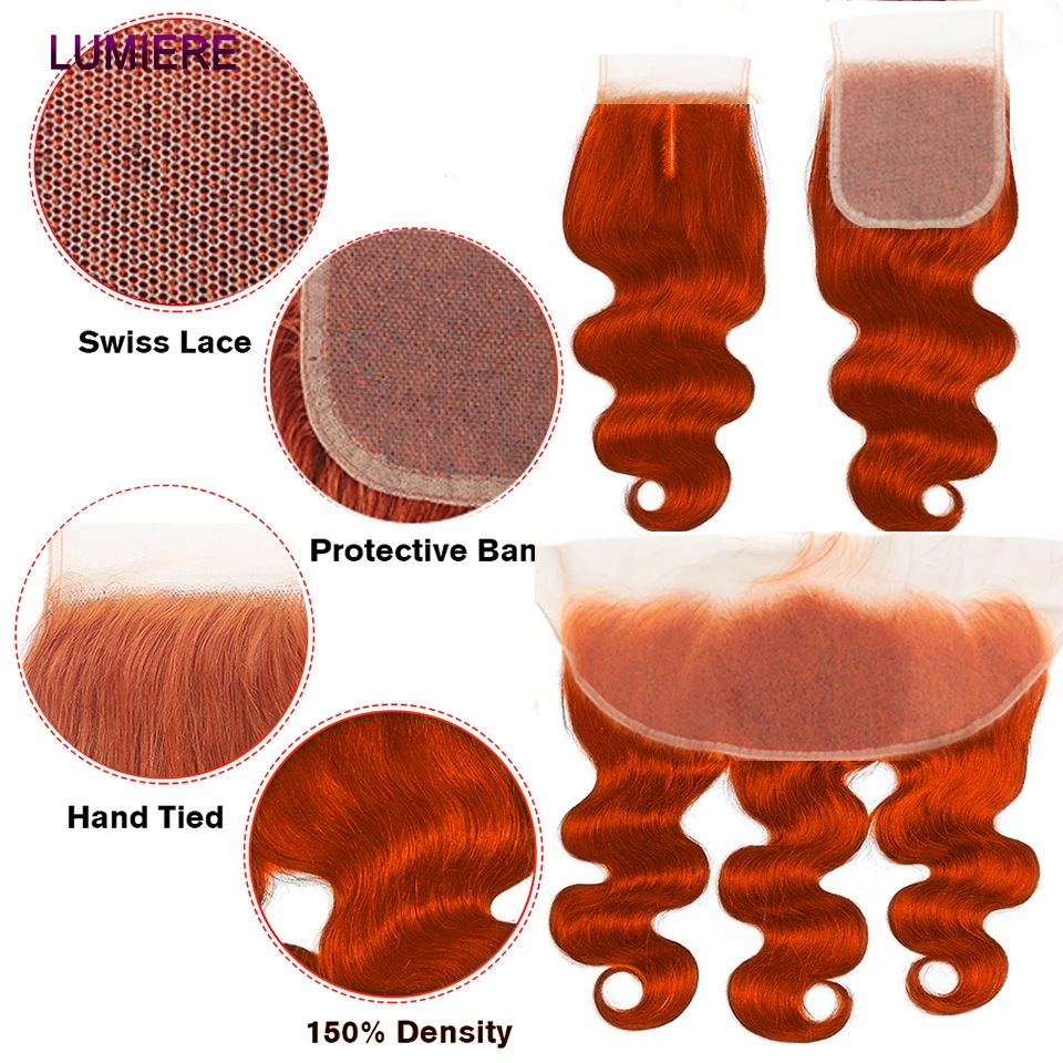 100% عذراء الزنجبيل البرتقالي الجسم موجة حزم الشعر البشري مع HD الدانتيل إغلاق أمامي وحزمة فضفاض نسج على شكل شعر عميق تمديد #3