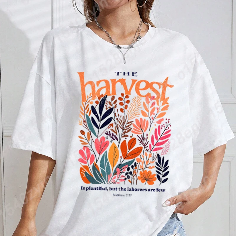 

Fall Christian The Harvest Is Plentiful Print T-shirt Summer Fashion T Shirt Short Sleeve Tees Women's Oversized Tops